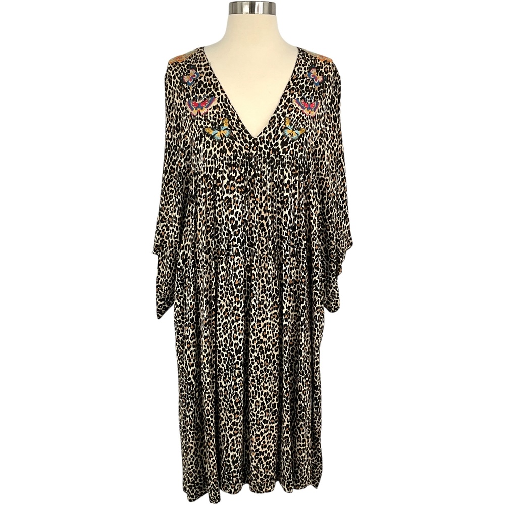Johnny Was Butterfly Wild Embroidered Dress Womens Small Brown Leopard Midi